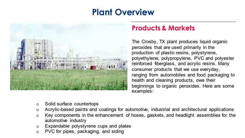 Information on Arkema’s Crosby, Texas plant provided as part of a company pamphlet. Credit: Arkema SA
